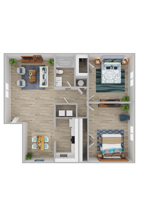 a stylized floor plan with a bedroom and living room